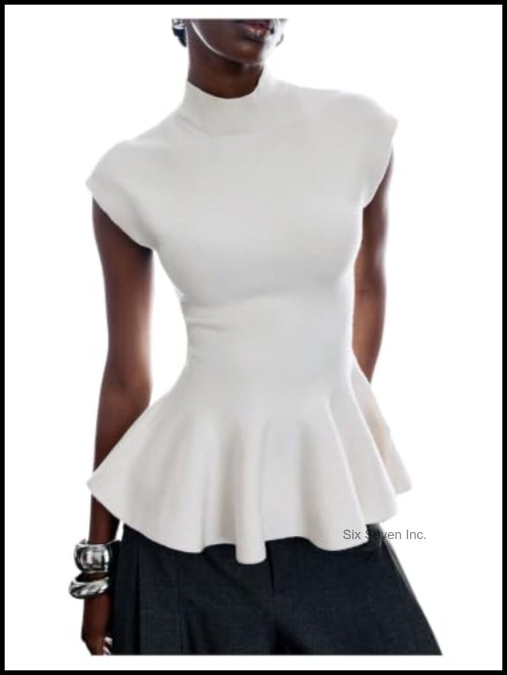 Ruffle Hem Peplum Sweater Mock Neck Short Sleeve Knit Top